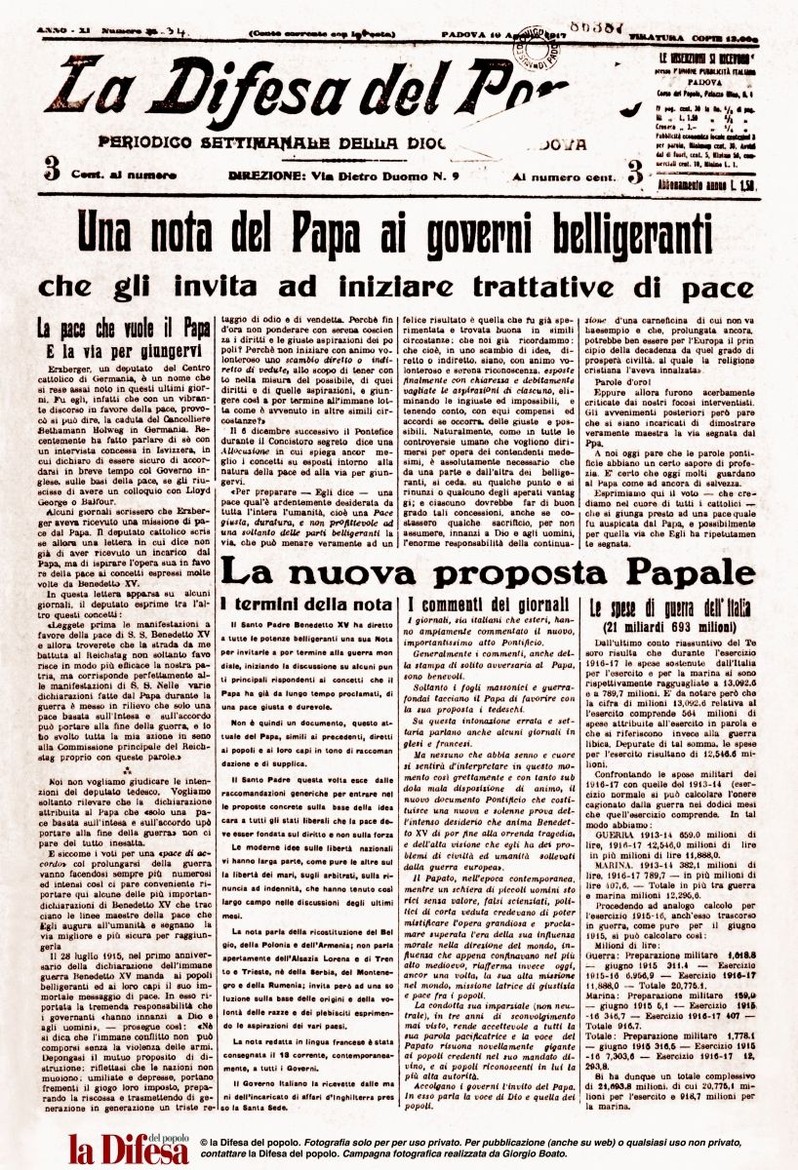 10 agosto 1917: l'appello del papa per la pace