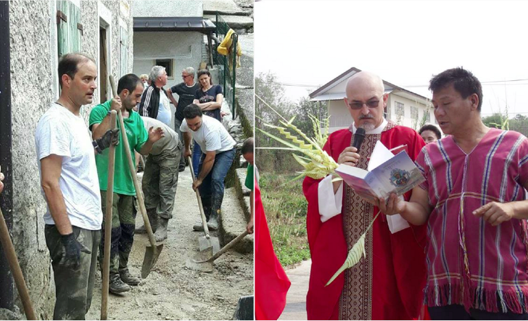 A Fosse di Enego, i sacerdoti tra la gente a spalare il fango