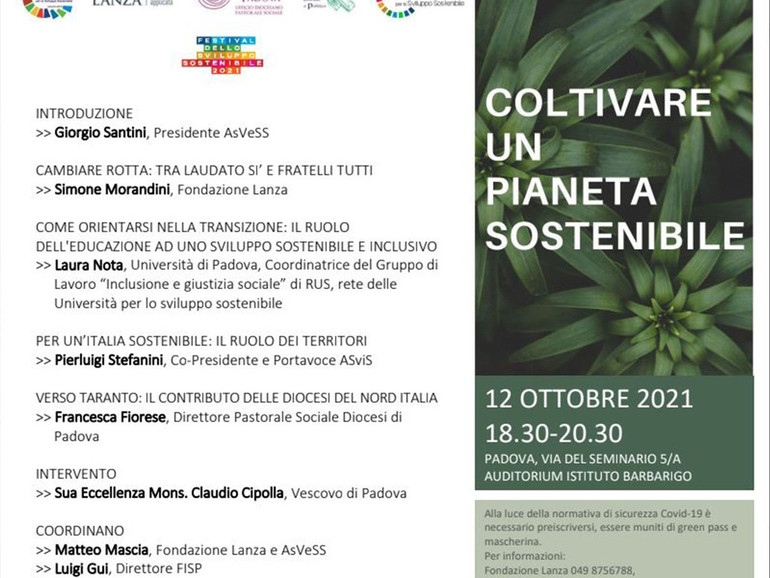 Festival dello sviluppo sostenibile 2021 a Padova. Incontro "Coltivare un pianeta sostenibile" martedì 12 ottobre con la Pastorale sociale